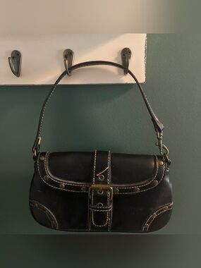 Black Leather Shoulder Bag with Contrast Stitching